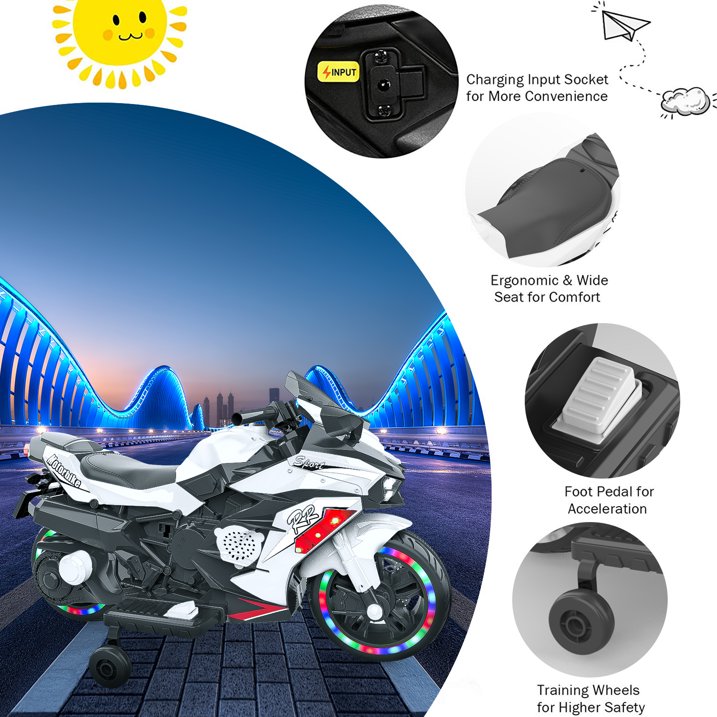 Techvida Ride on Toys 12v Battery Powered Ride on Motorcycle for Kids 3 Wheels Motorcycle with LED Lights Music Child