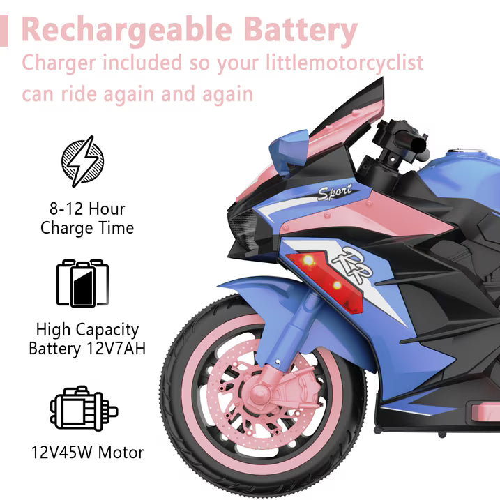 HNH 12V Ride on Motorcycle for Kids, 3 Wheels Battery Powered Motorcycle Toy with Remote Control, Bluetooth, Music, Light