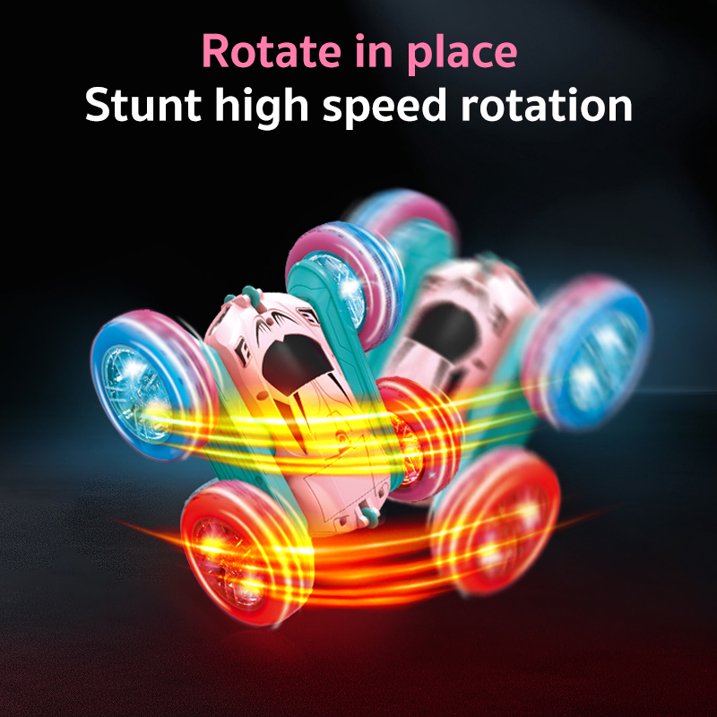 HNH RC Stunt Car for Boys Girls Ages 6-12, 2.4GHz Pink Remote Control Car, 4WD RC Cars Toys with Lights, Double-Sided Driving & 360°Flips, 2 Batteries, Presents Gifts