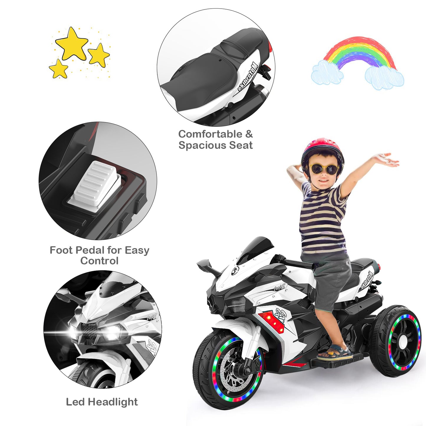 CMGB Battery Powered Electric Vehicle for Kids, 12V Kids Motorcycle with 3 Wheels, LED Lights, White