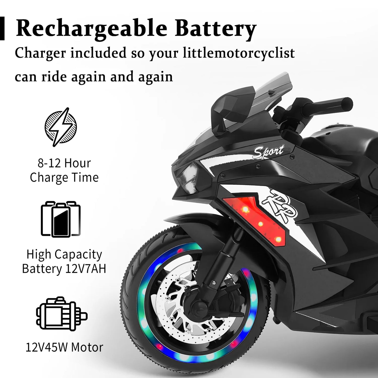 HNH 12V Ride On Motorcycle for Boy, 4Mph Battery Powered Motorcycle for Kids with LED Lights, Music, Gift for Children