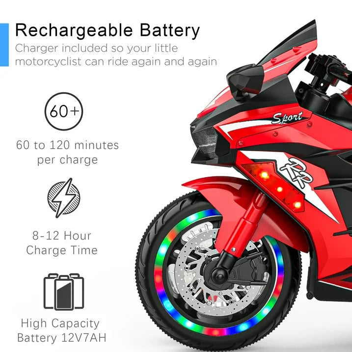 HNH Kids Motorcycle for Kids 3-8, 12V Battery Powered Bike Electric Motorbike, 3 Wheels Ride on Toys with LED Lights, Bluetooth Music
