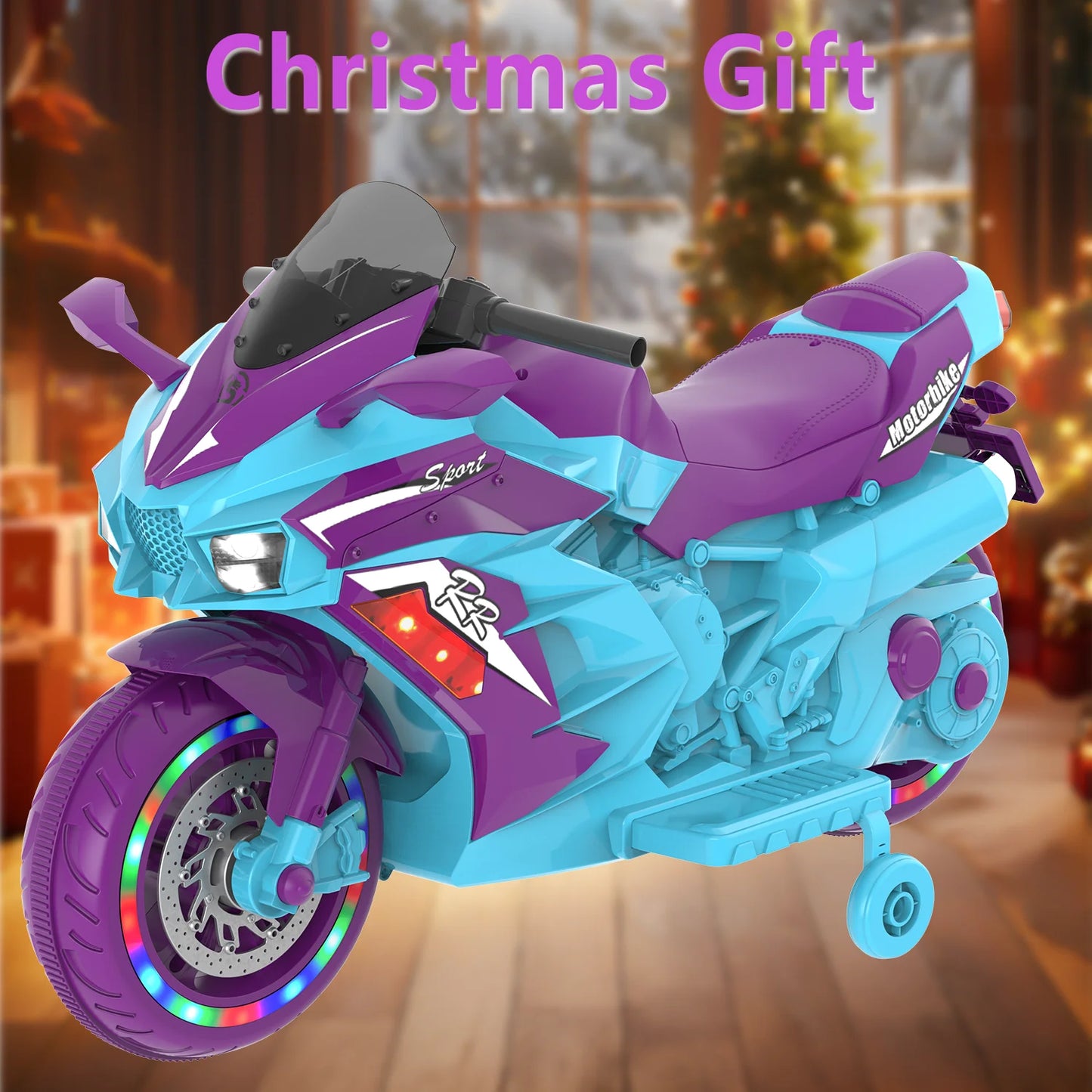 HNH 12V Ride on Motorcycle for Kids, Electric Motorcycle with Music, Bluetooth, Lights, Training Wheels