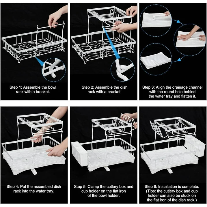 WERSEON White Dish Racks for Counter, Stainless Steel Dish Drying Rack with Drip Tray & Utensil Holder, Kitchen Drying Rack for Dishes