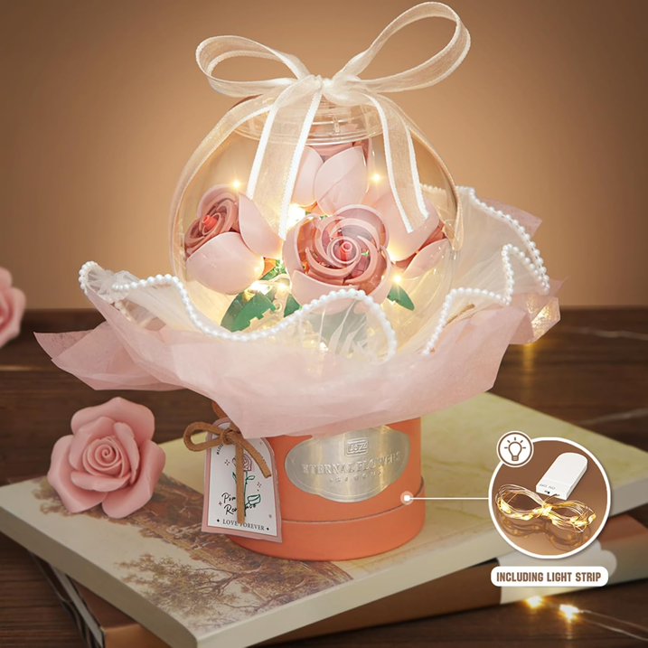 YOMYM Flower Building Kit -Building Set DIY Rose Bouquet Building Block Toy with Dust-Proof Dome
