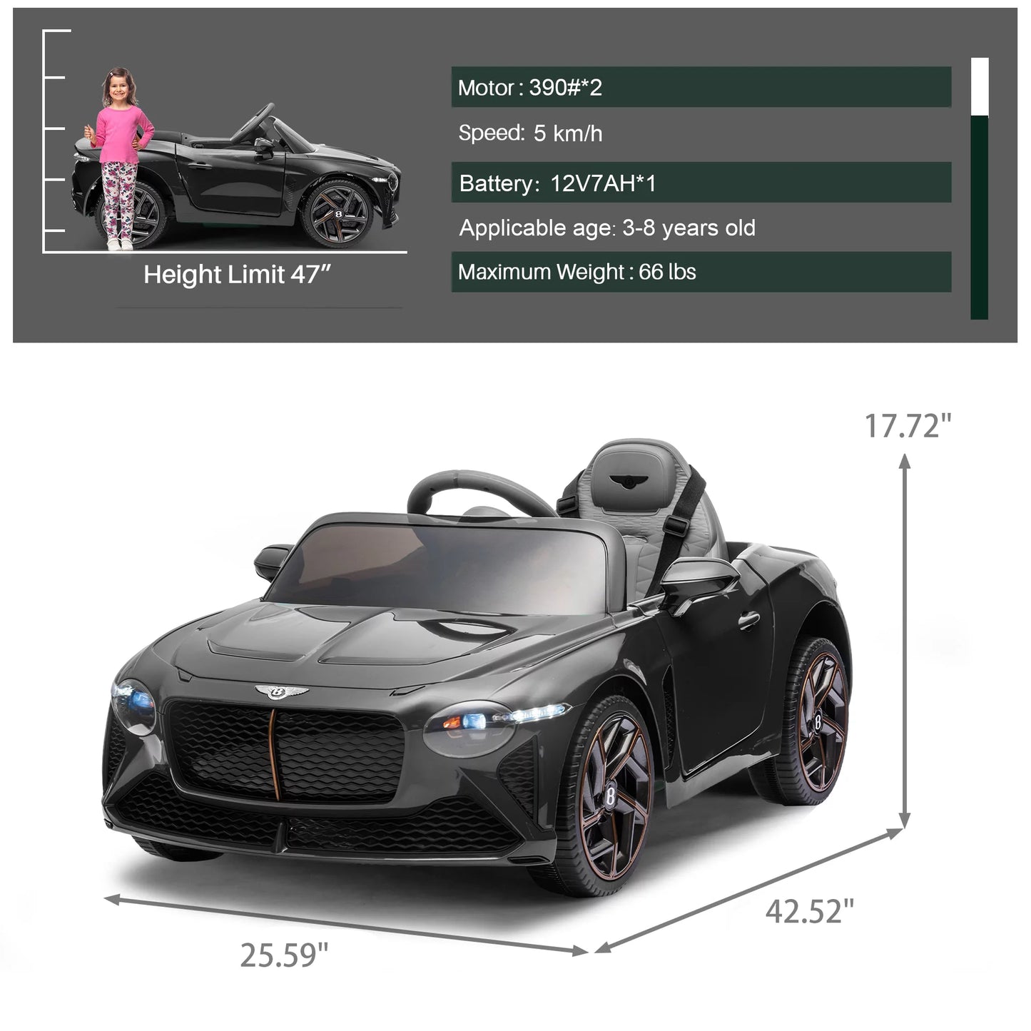 Ride on Toys for 3-4 Year Olds Boy Girl, Licensed Bentley 12 V Kids Ride on Car with Remote Control, Battery Powered Vehicles with LED Lights