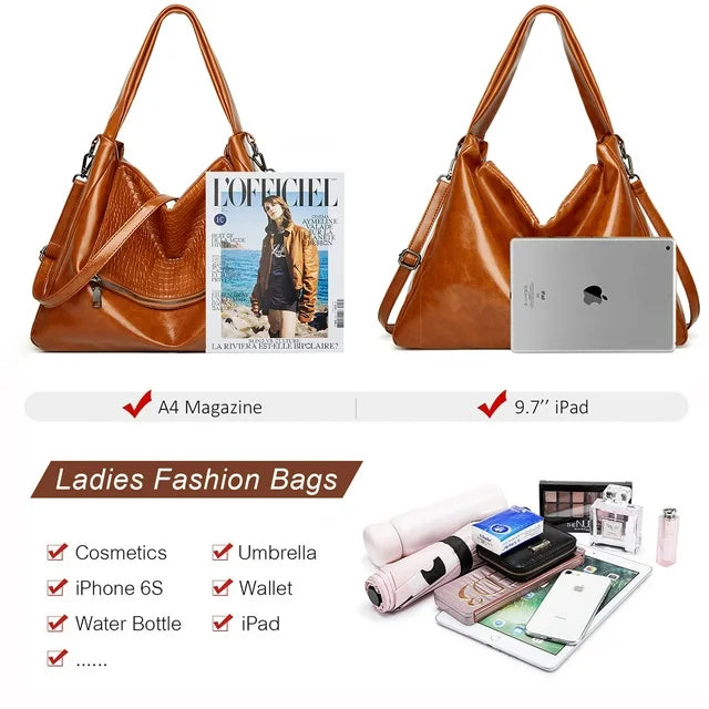 HONGLONG Women Handbag, leather Travel Shoulder Bag for Women,Tote Bag Zipper Crossbody Bag , Brown