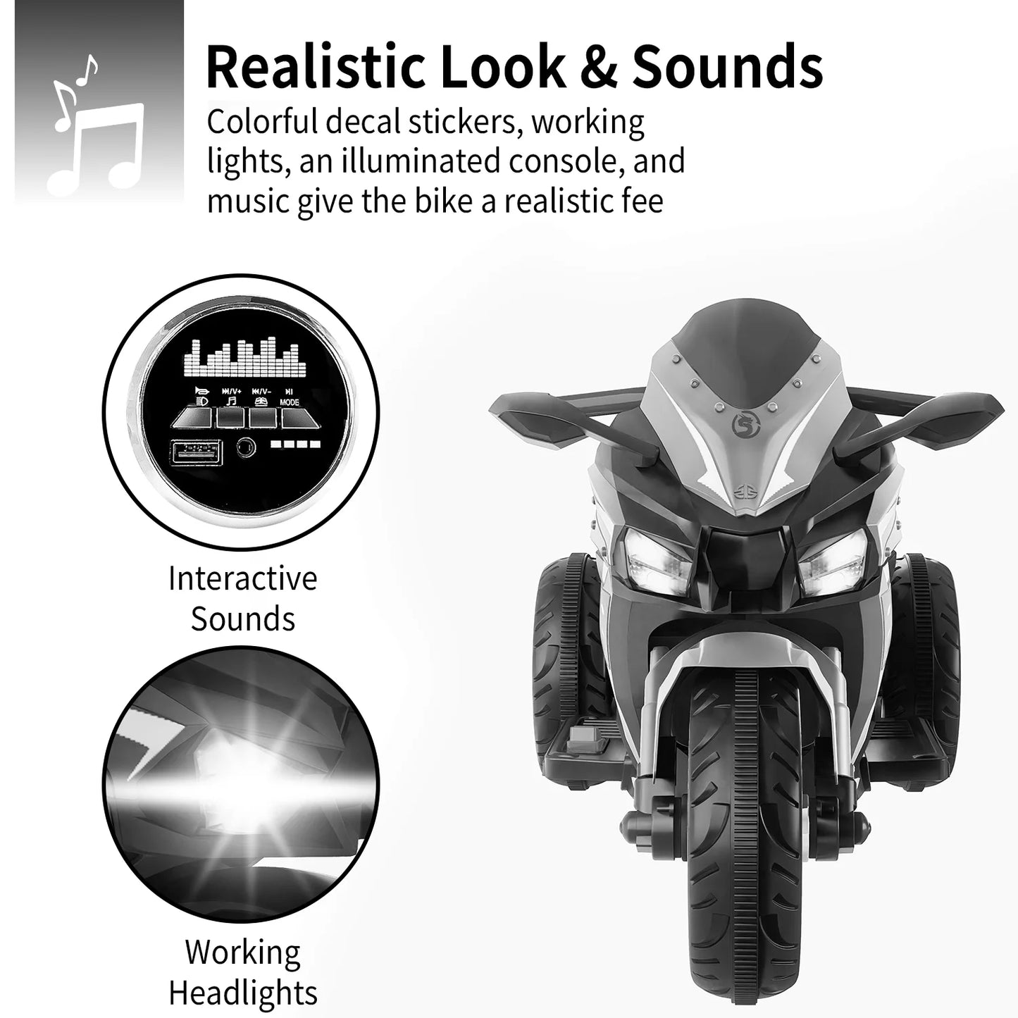 HNH 12V Motorcycle for Boys 3-8 Year Electric Ride On Motorcycle for Brithday Gifts, Kids Motorcycle with LED Lights, Music