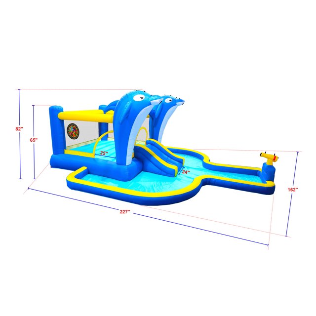 HNH 6 in1 Inflatable Water Slide Kids Bounce House With Blower Dolphin Sprinkler