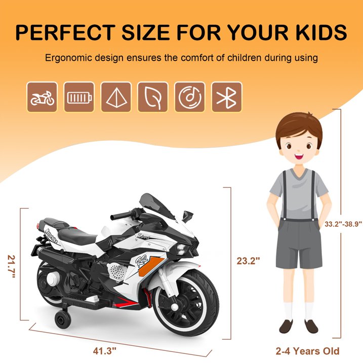 12v Motorcycle for Children, Ride on Motorcycle with Light Wheel and PU Seat, Electric Motorcycle for Kid, White