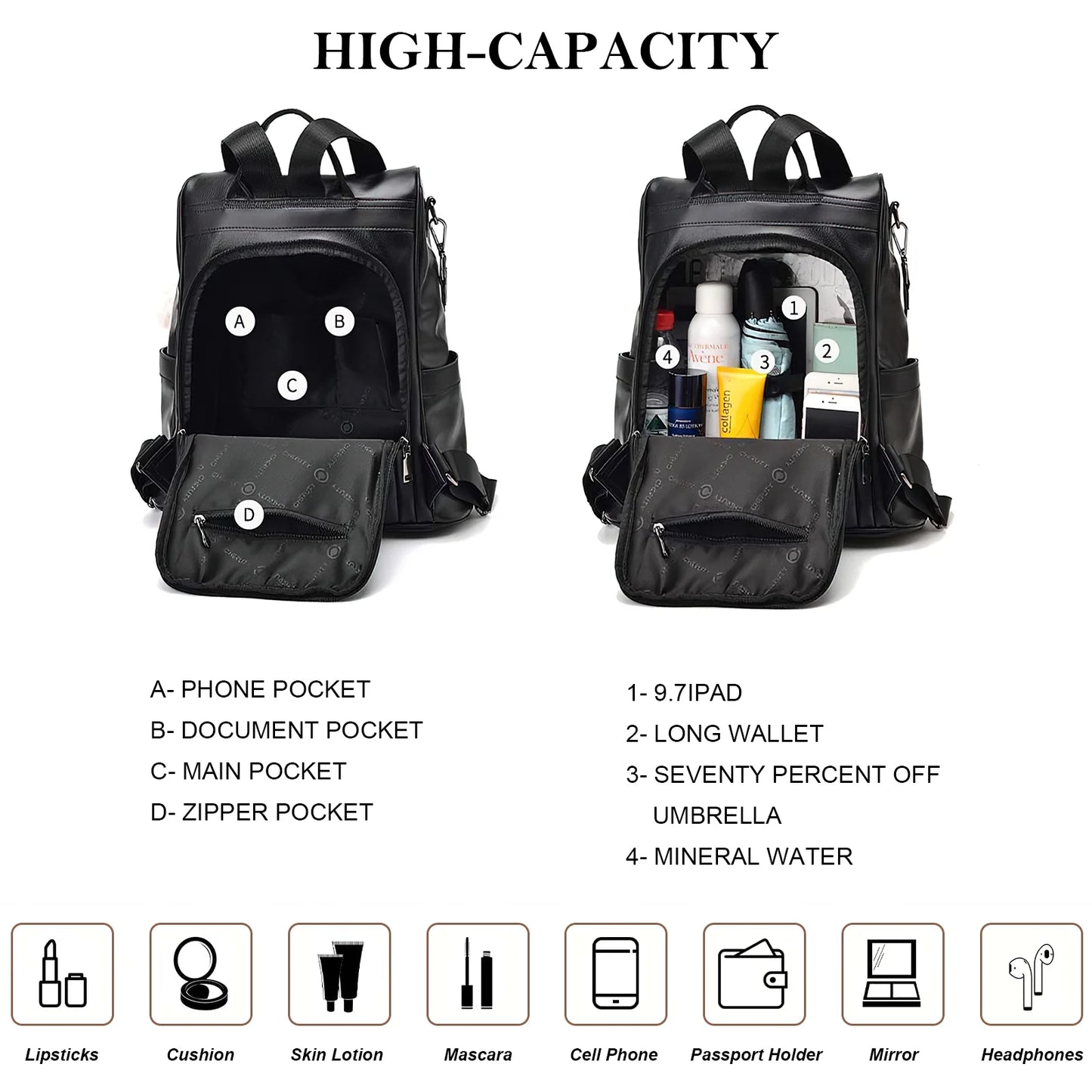 HONGLONG Womens Backpack Purse, Casual PU Leather School Backpack for Women, Fashion Anti-Theft Backpack Convertiable Travel Shoulder Bag Black
