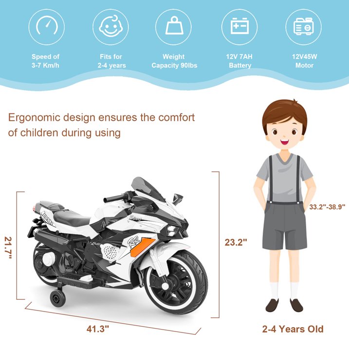 Cheelom Kids Motorcycle,12V Ride on Motorcycle Kids Toys, Children Electric Motorcycle with Hand Racing, PU Seat, White