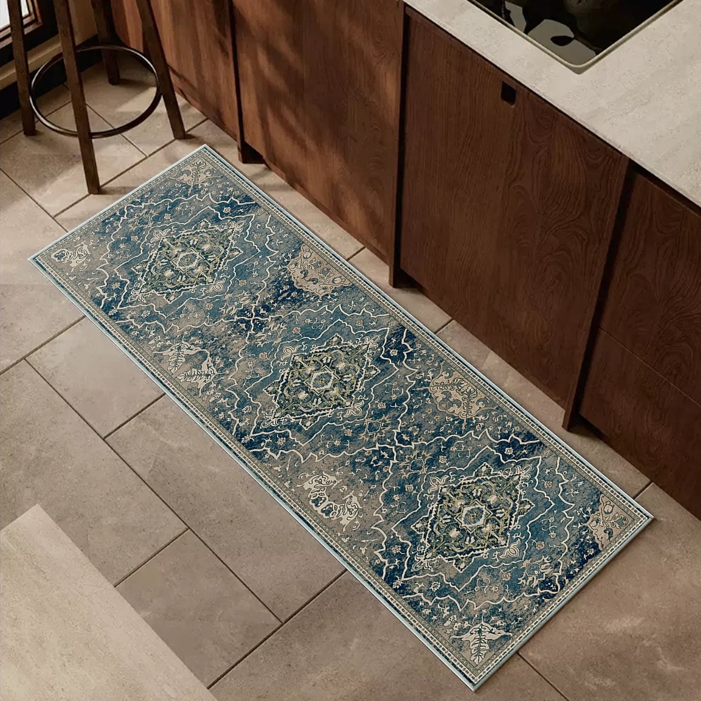 TECHVIDA Kitchen Rugs 4 Piece Set,Non Slip Machine Washable Kitchen Mats,Boho Vintage Abstract Kitchen Carpet for Farmhouse Living Room Hallway