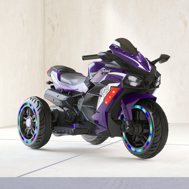 HNH Electric Motorcycle for Kids, 12V Battery Powered Ride on Toys, 3 Wheels Motorcycle with LED Lights, Bluetooth Music,Violet
