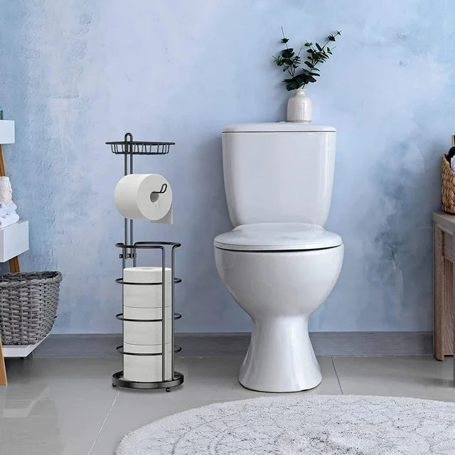 Techvida Toilet Paper Holder Stand with Shelf, Bathroom Freestanding Toilet Paper Stand with 4 Rolls Paper, Clearance