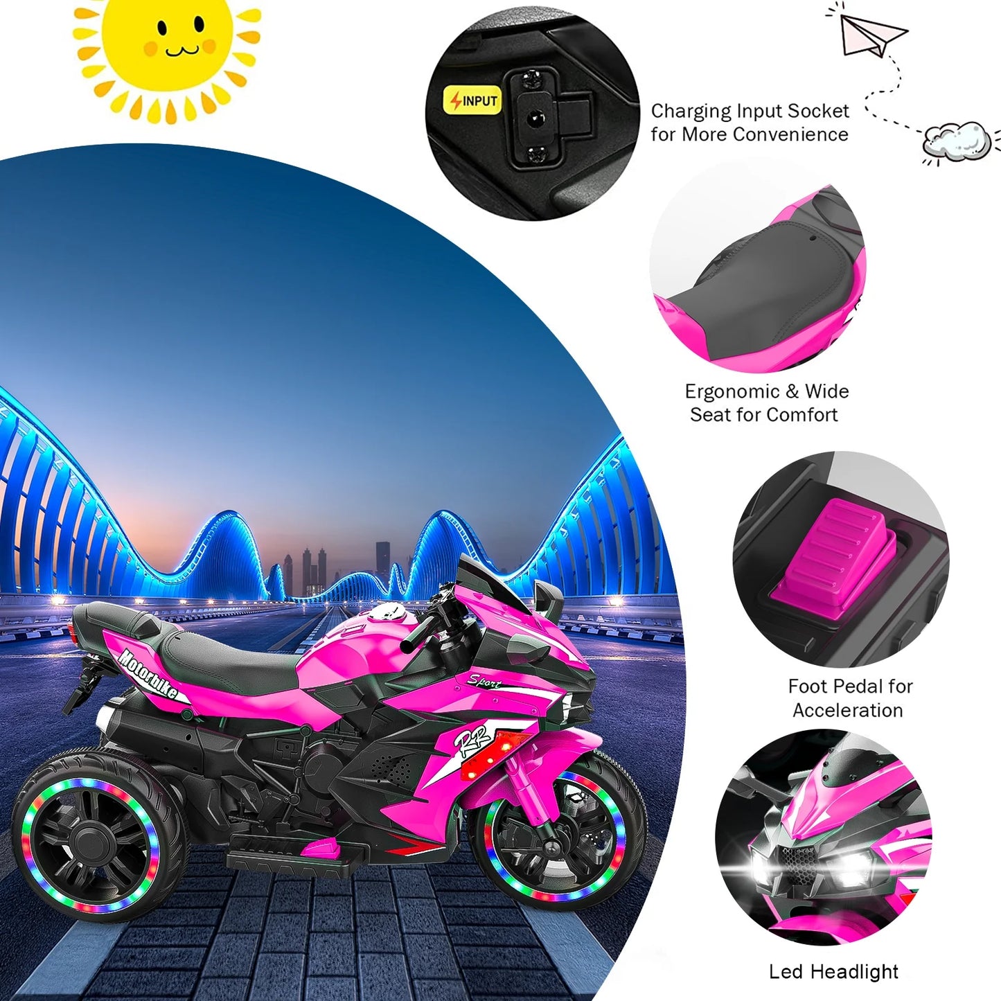 HONGLONG Ride on Toys 12v Battery Powered Ride on Motorcycle for Kids 3 Wheels Motorcycle with LED Lights Music Pink,Child