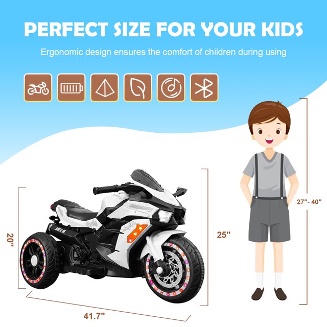 WUBEN 12V Kids Motorcycle Children Electric Motorcycle 3 Wheels Motorcycle with Bluetooth,White