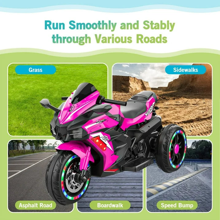 Werseon 12V Electric Motorcycle for Kids, Three Wheels Battery Powered Ride On Motorbike, Ride on Toy with LED Light Wheels, MP3, Bluetooth, up to 110lbs, Pink