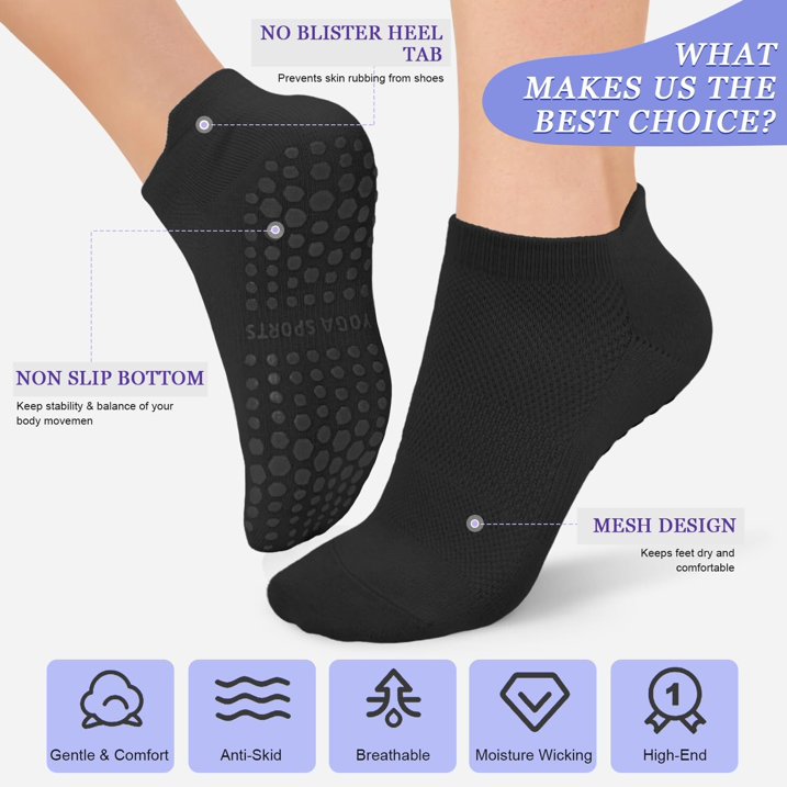 YOMYM 6 Pairs Pilates Socks for Women Non Slip Grip Socks Yoga Socks Ankle Grippy Socks Woman, Black