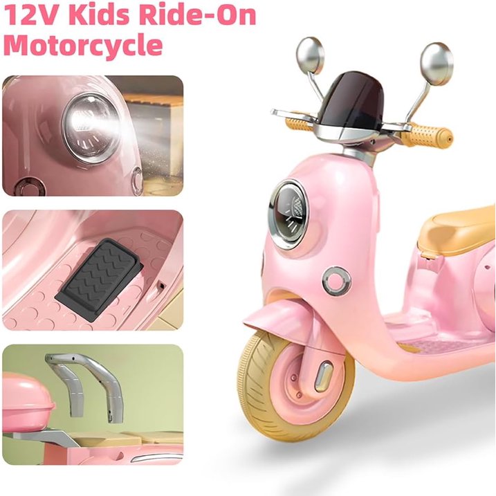 HNH 12V Kids Ride on Motorcycle, Electric Motorcycle for Kids, Kids Electric Motorbike for 2-6 Years Old,Battery Powered Kids Bike,Pink