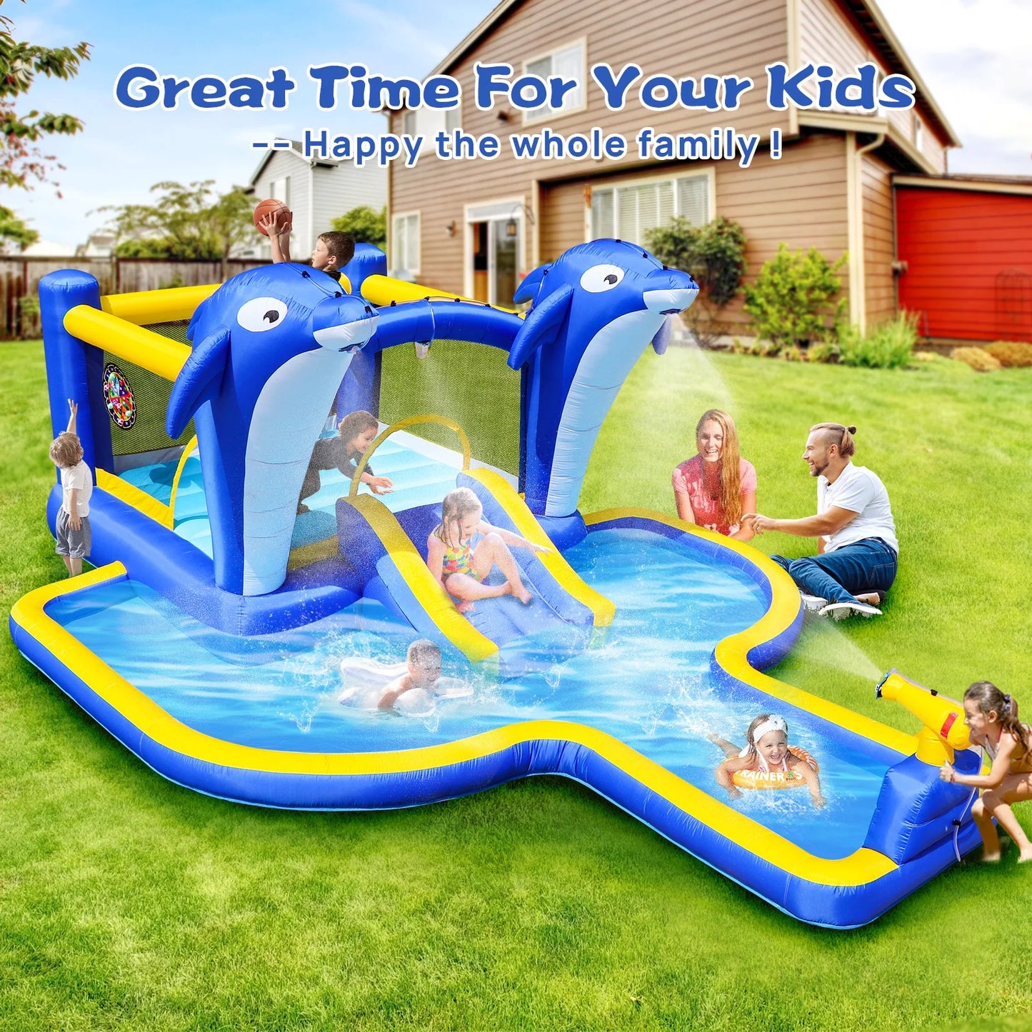 HONGLONG Outsunny 6-in-1 Kids Inflatable Bounce House with Water Slide, Pool, and Accessories
