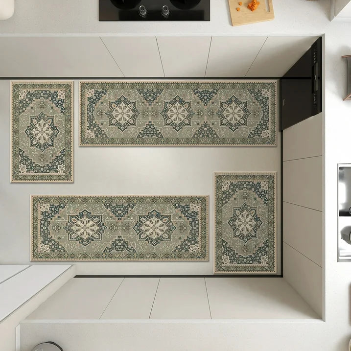 TECHVIDA Kitchen Rugs 4 Piece Set,Non Slip Machine Washable Kitchen Mats,Boho Vintage Abstract Kitchen Carpet for Farmhouse Living Room Hallway