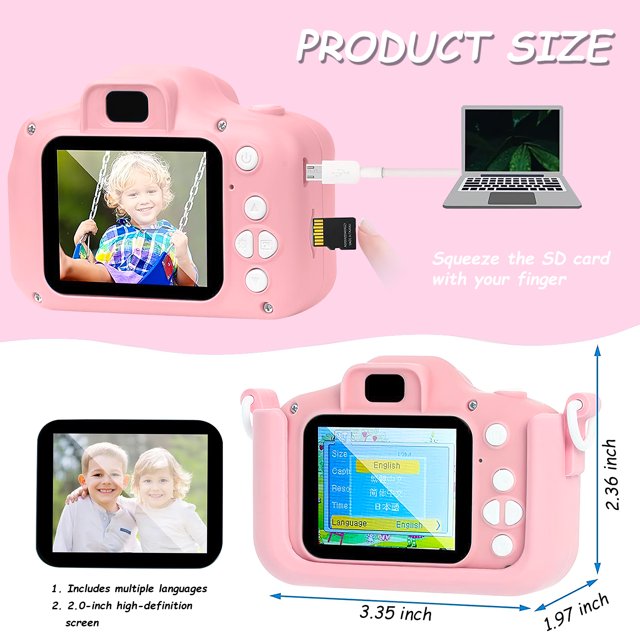 HNH Kid Camera for Girl Age 3-8 with 64GB,Pink Digital Camera with Three Games,Kids Toys for Girls