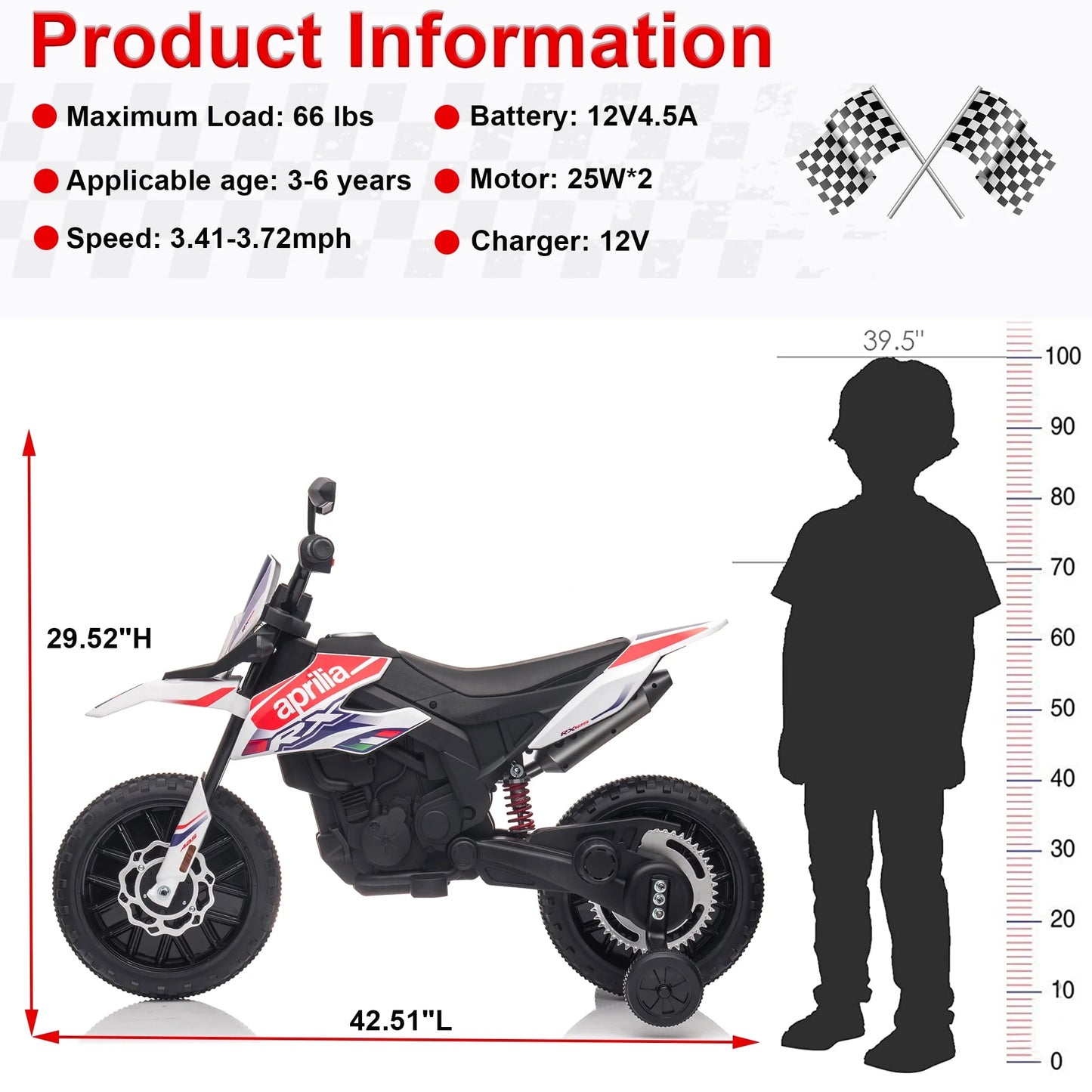 12V Electric Dirt Bike for Kids 3-6, Aprilia Ride on Toy Car with LED Light, MP3, Child Motorcycle for Boys Girls
