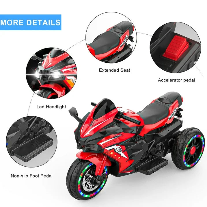 HONGLONG 12V Ride on Motorcycle for Kids, 3 Wheels Electric Motorcycle with LED Lights, Bluetooth Music, Red