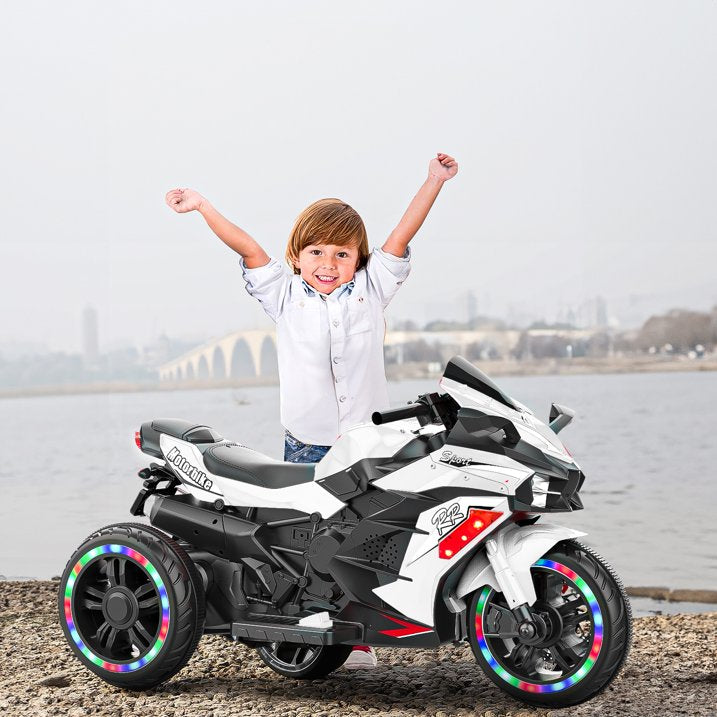 HONGLONG Ride on Toys 12V 3 Wheels Battery Powered Ride on Motorcycle with LED Lights Music for Kids, White