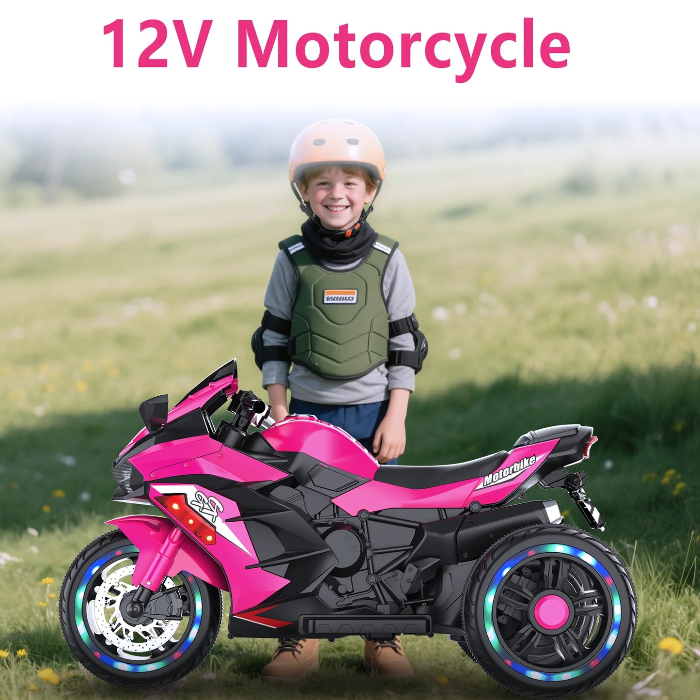 HNH 12V Ride on Motorcycle for Kids, Battery Powered 3 Wheels Motorcycle Toy with Bluetooth, Music, Light