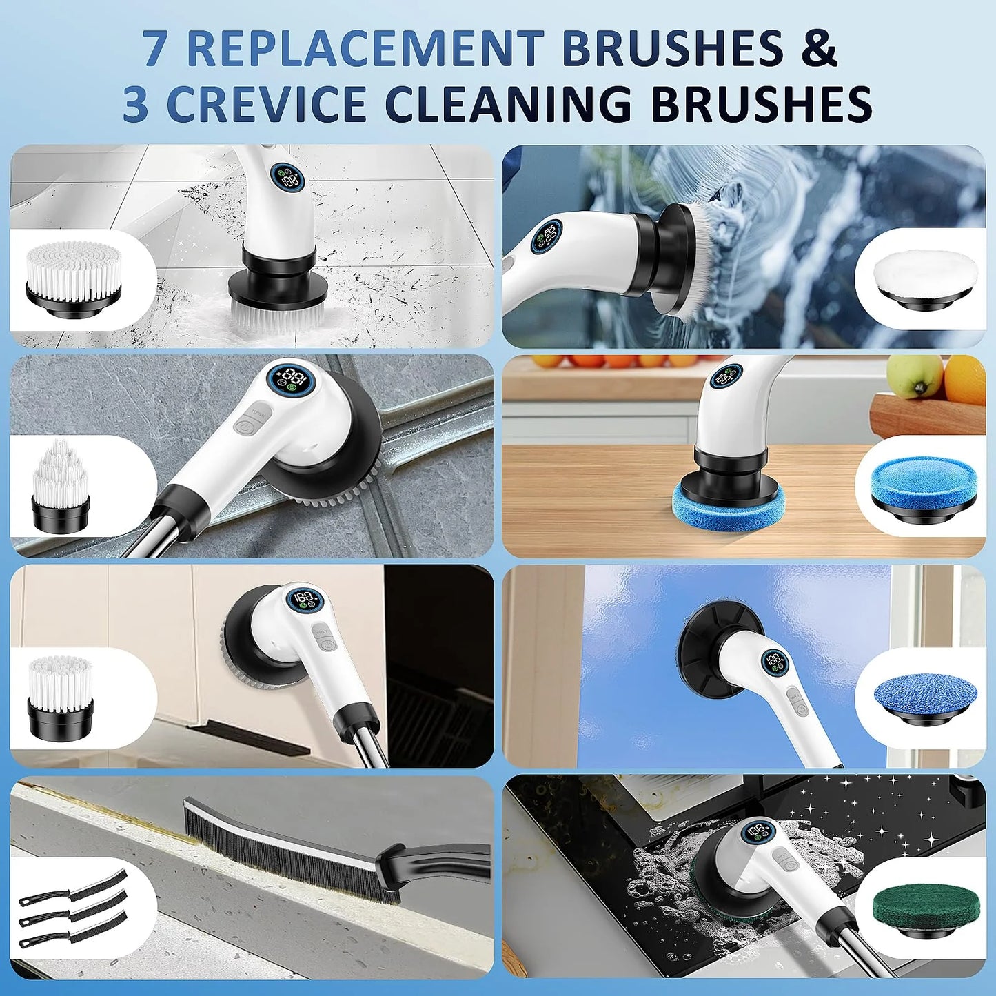 TECHVIDA Electric Spin Scrubber,Cordless Bathroom Cleaning Brush with 7 Replaceable Brush Heads,Tub and Tile Scrubber, Adjustable Extension Handle for Bathtub, Kitchen, Car.