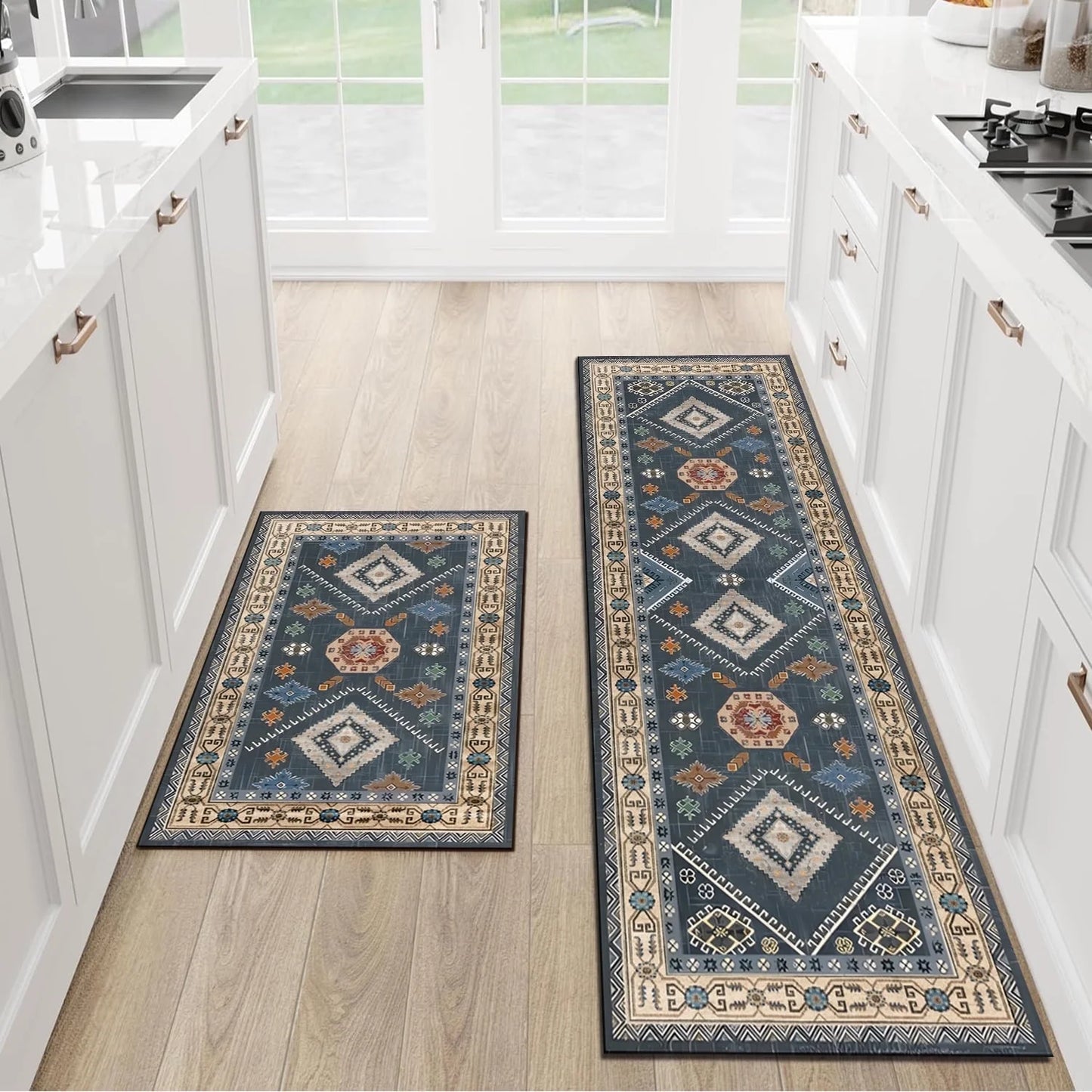 FoxHouse Kitchen Rugs 2 Piece Set,Washable Non Slips Boho Kitchen Floor Mat,Thickness Comfort Standing Mat for Kitchen,Dark Blue