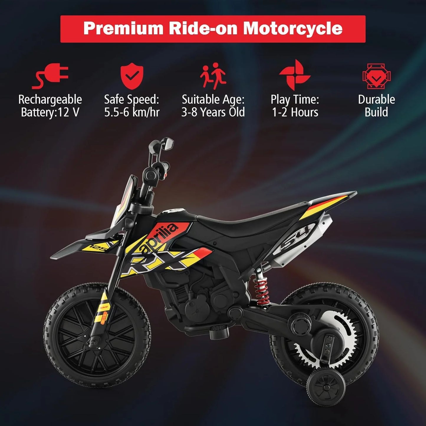 12V Kids Motorcycle, Licensed Aprilia Electric Motorcycle Ride On Toy w/Training Wheels, Spring Suspension, LED Lights, Sounds & Music, Battery Powered Dirt Bike for Boys & Girls, Yellow
