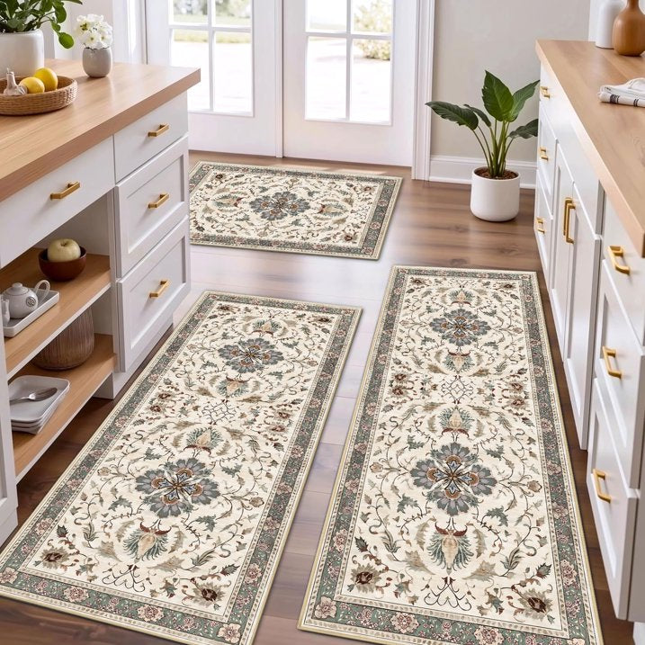 TECHVIDA Kitchen Rugs 3 Piece Set,Non Slip Machine Washable Kitchen Mats,Boho Vintage Abstract Kitchen Carpet for Farmhouse Living Room Hallway