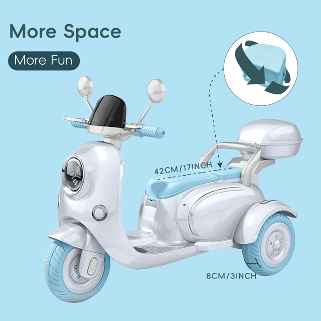 HNH Kids Motorcycle 2 Seats, 12V Ride On Electric Motorcycle, 3 Wheels Kids Motorbike with USB, Bluetooth, Light, Storage Box, Motorcycle for Kids Aged 2-6, Blue
