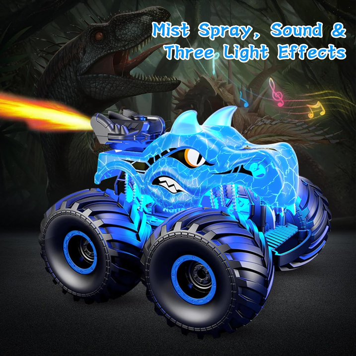 Dinosaur Remote Control Car, 2.4GHz RC Monster Trucks for Boys with Spray, Light & Sound, All Terrain RC Cars with 2 Batteries, Hobby RC Trucks for Kids 3 4 5 6 7 8, Christmas Birthday Gift