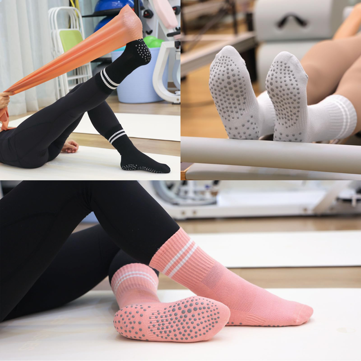 YOMYM Pilates Socks for Women with Non Slip Grippers, Yoga Crew Socks for Barre Hospital Sticky Slipper Socks 4 Pairs
