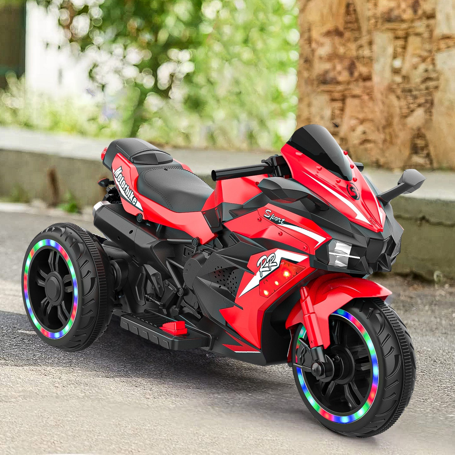 CMGB Battery Powered Electric Vehicle for Kids, 12V Kids Motorcycle with 3 Wheels, LED Lights, Red