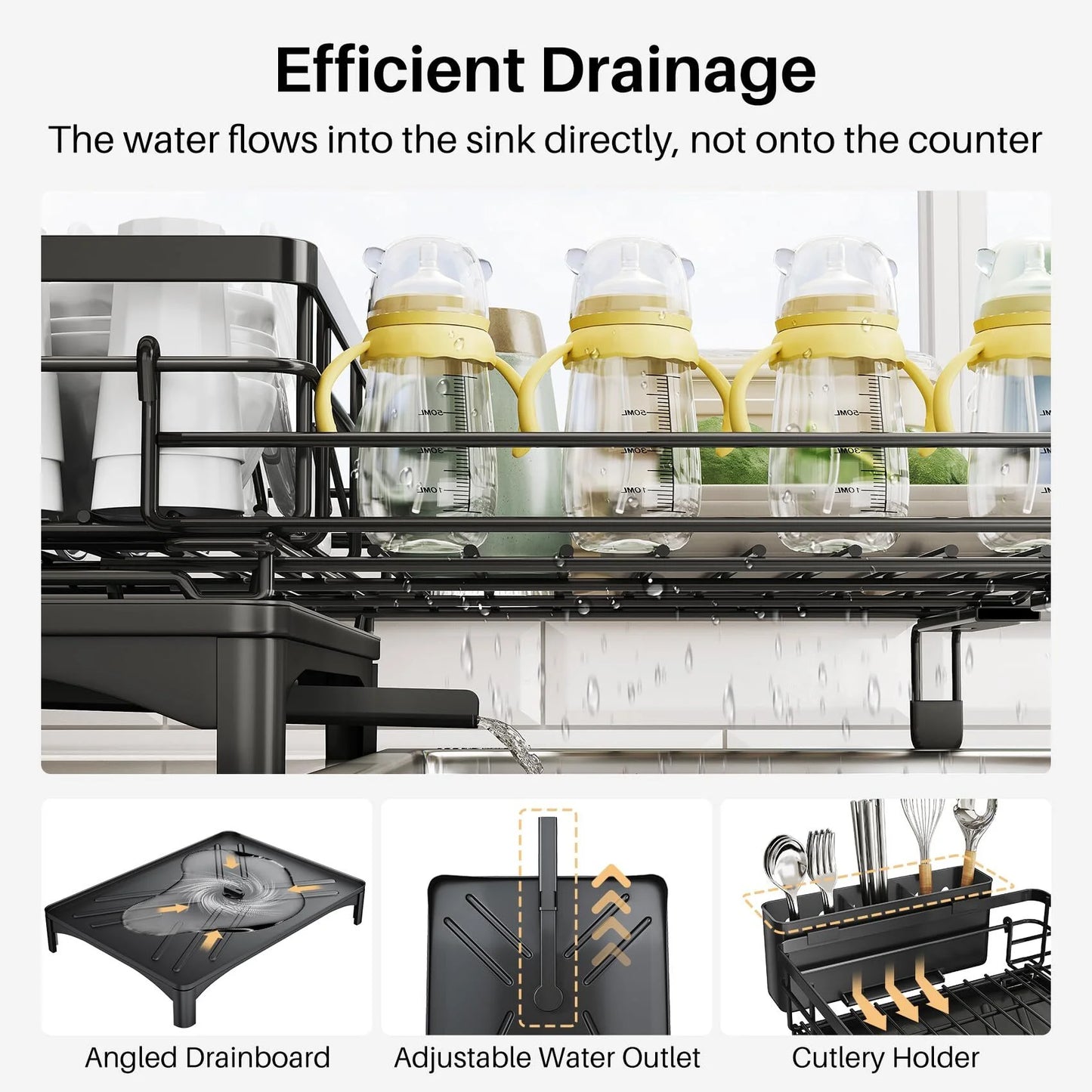 Werseon Expandable Dish Drying Rack, Large Dish Rack for Kitchen Counter, Stainless Steel Dish Drainer with Drainboard, Rustproof Over Sink Drying Rack with Utensil Holder, Black