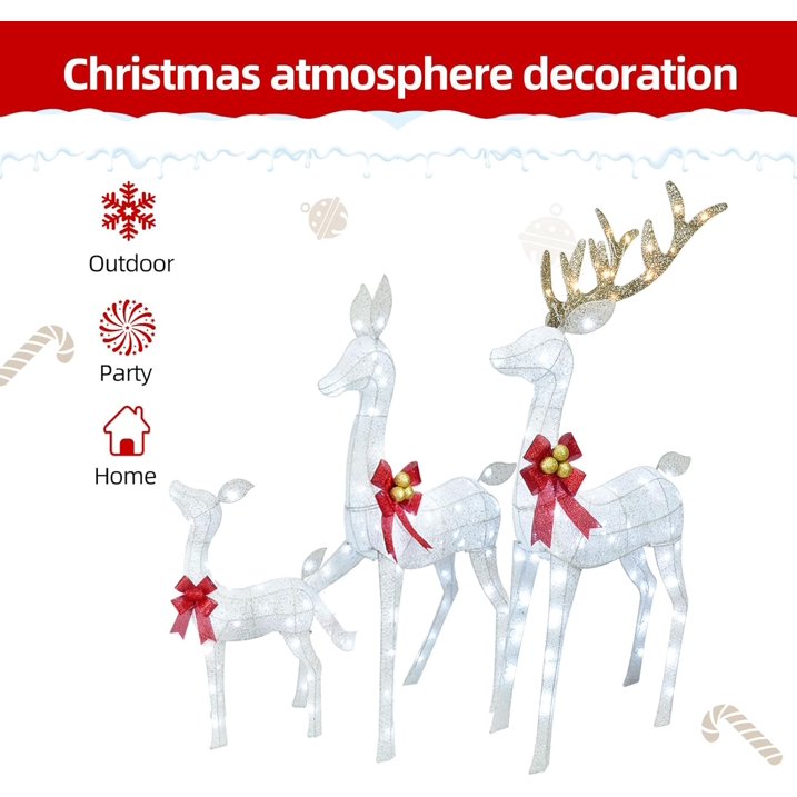 3-Piece Lighted Christmas Deer Set, 5Ft Large Outdoor Lighted Deer Set for Indoor Christmas Decor, White