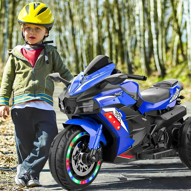 Techvida 12V Kids Motorcycle, Battery Powered Electric Vehicle with 3 Wheels, LED Lights, Foot Pedal, Ride On Motorcycle for Boys Girls (Blue)