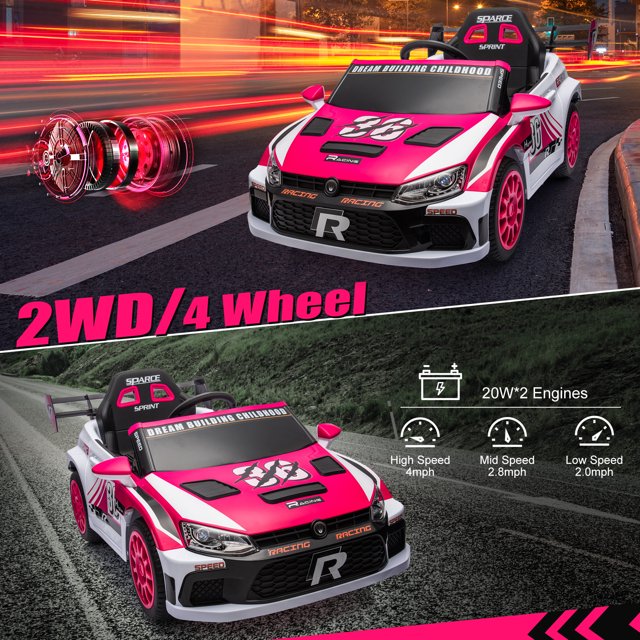 2024 New Kids Ride On Car,12V Battery Powered Racing Car for Kid,Electric Car Gifts for Girls Boys 3-8,Music,LED,Remote Control,Bluetooth(Pink)