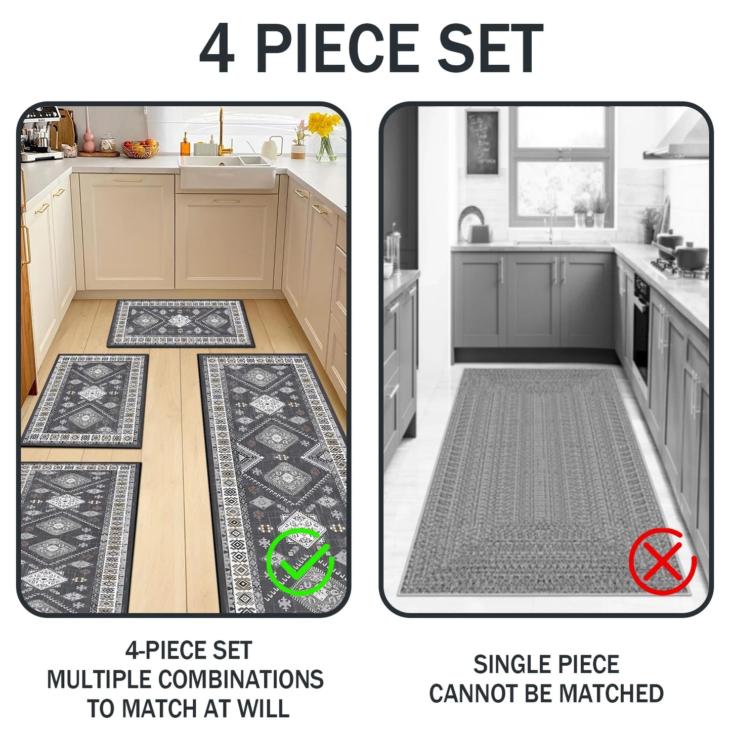 FoxHouse Kitchen Rugs 4 Piece Set,Washable Non Slips Boho Kitchen Floor Mat,Thickness Comfort Standing Mat for Kitchen,Grey