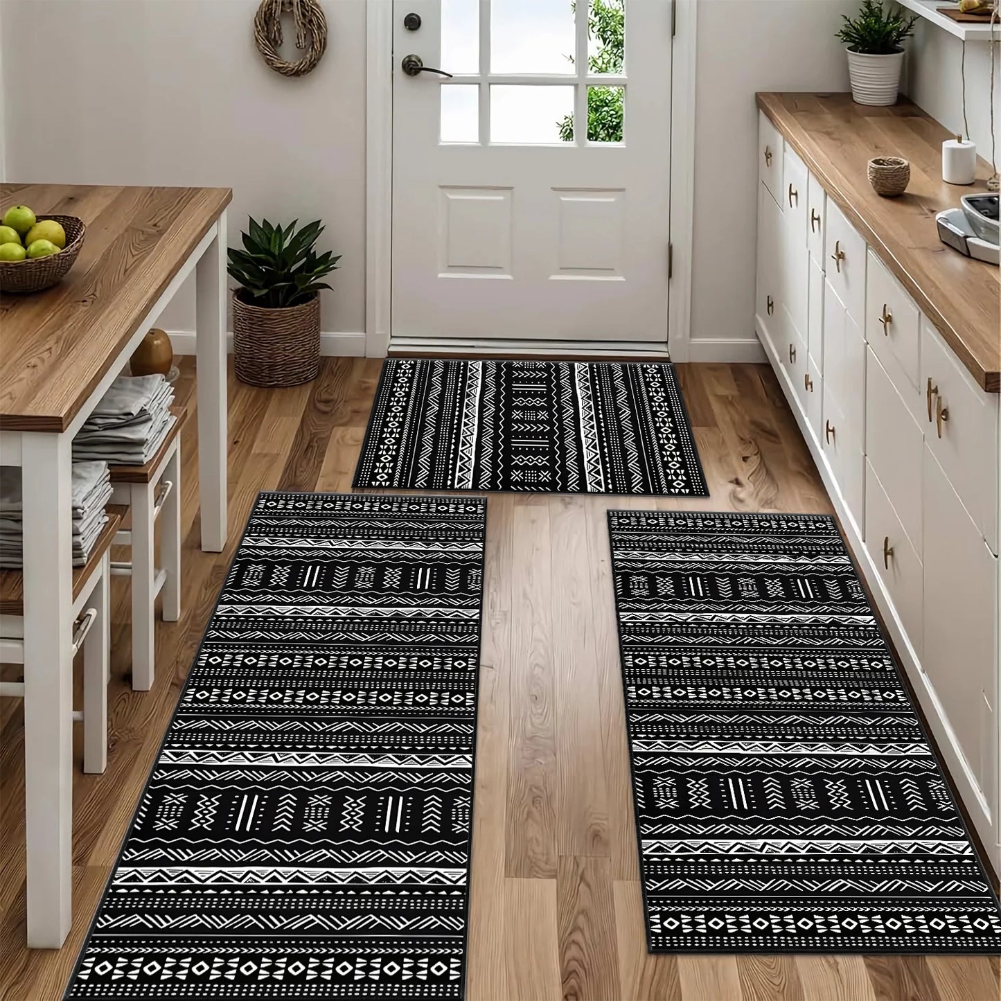 TECHVIDA Kitchen Rug Set 3 Piece,Non Slip Machine Washable Kitchen Mats,Boho Farmhouse Hallway Doormat for Home Decor