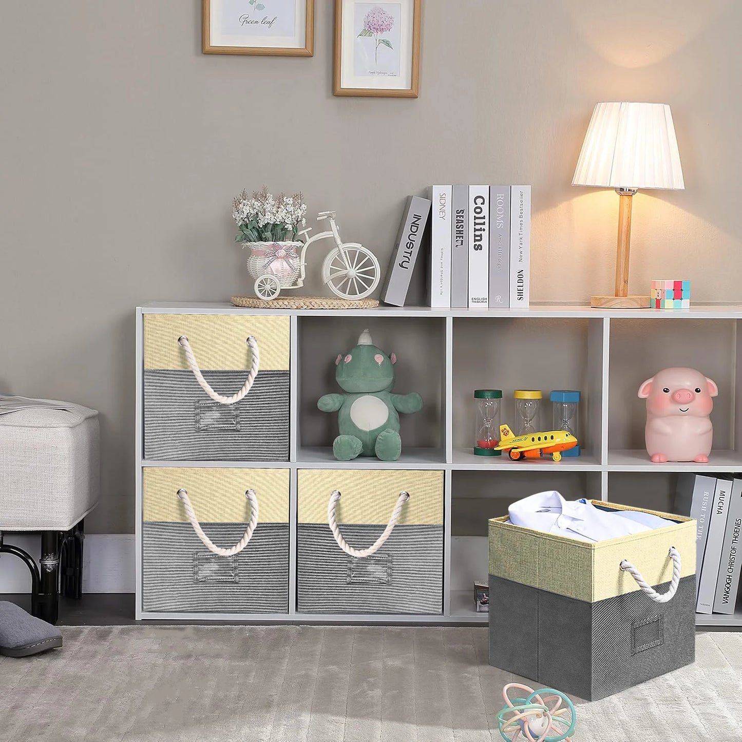 Werseon Foldable Storage Bins, 4 Piece Set Closet Drawers Organizer with Cotton Handles, Cloth Cube Basket for Organizing Shelf Cabinet Bookcase Boxes, Gray