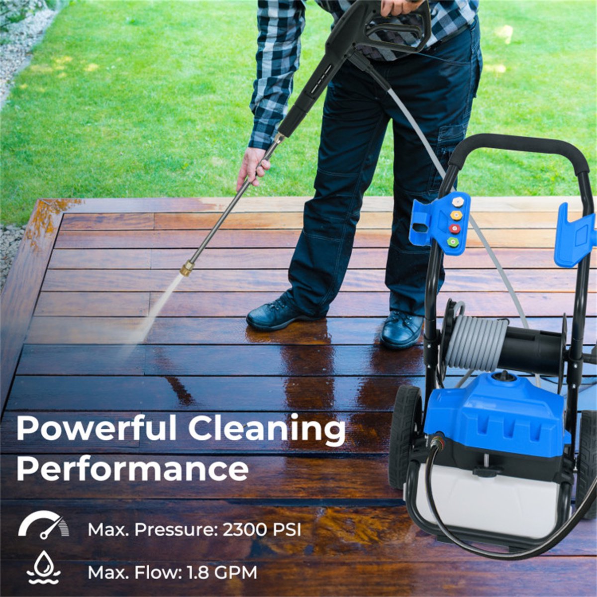Cheelom Pressure Washer Gas Powered 120V 2300PSI High Pressure Washer with Wheels 5 Nozzle, Soap Tank, Spray Gun,Blue