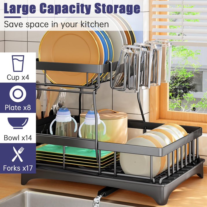 Dish Drying Rack, 2-Tier Kitchen Dish Racks with Drainboard, Dish Drainer Set for Kitchen Counter with Utensil Holder, Black