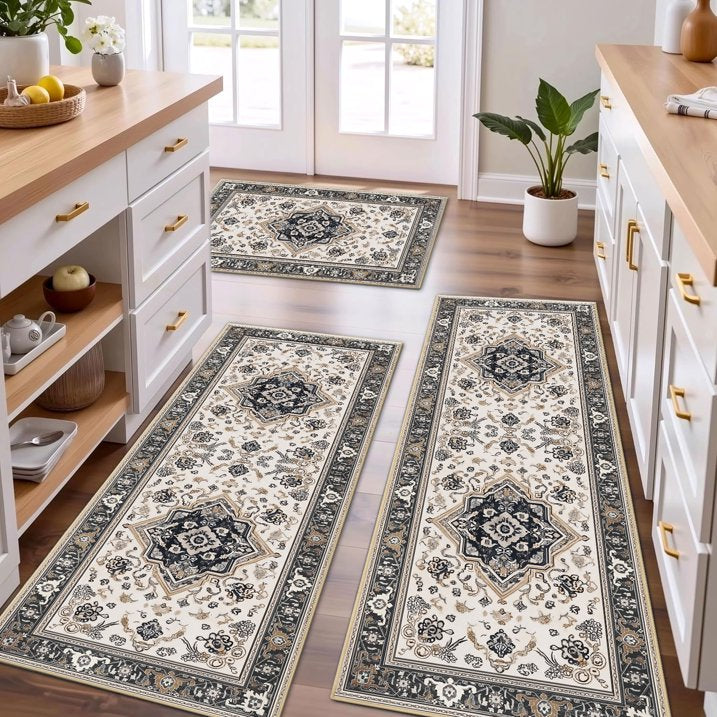 TECHVIDA Kitchen Rugs 3 Piece Set,Non Slip Machine Washable Kitchen Mats,Boho Vintage Abstract Kitchen Carpet for Farmhouse Living Room Hallway