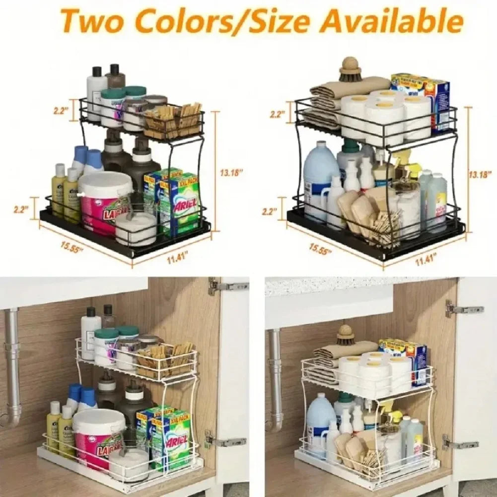 TECHVIDA Sink Organizer Storage, 2 Tier L-Shape Multi-Purpose Large Capacity Kitchen Under Sink Organizers Rack for Narrow Space Easy Access Sliding Storage Drawer with Hooks for Bathroom